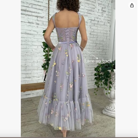 blue embroidered tulle prom gown . bridesmaid gowm - Picture 3 of 10